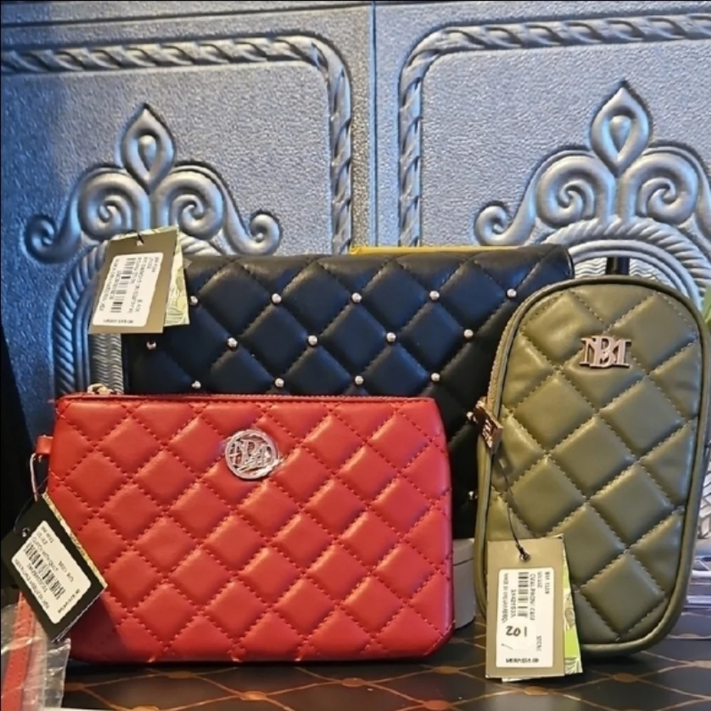 NWT - 3 Badgley Mischka Quilted Women's Bag Set - Red, Black, and Olive - Picture 16 of 16